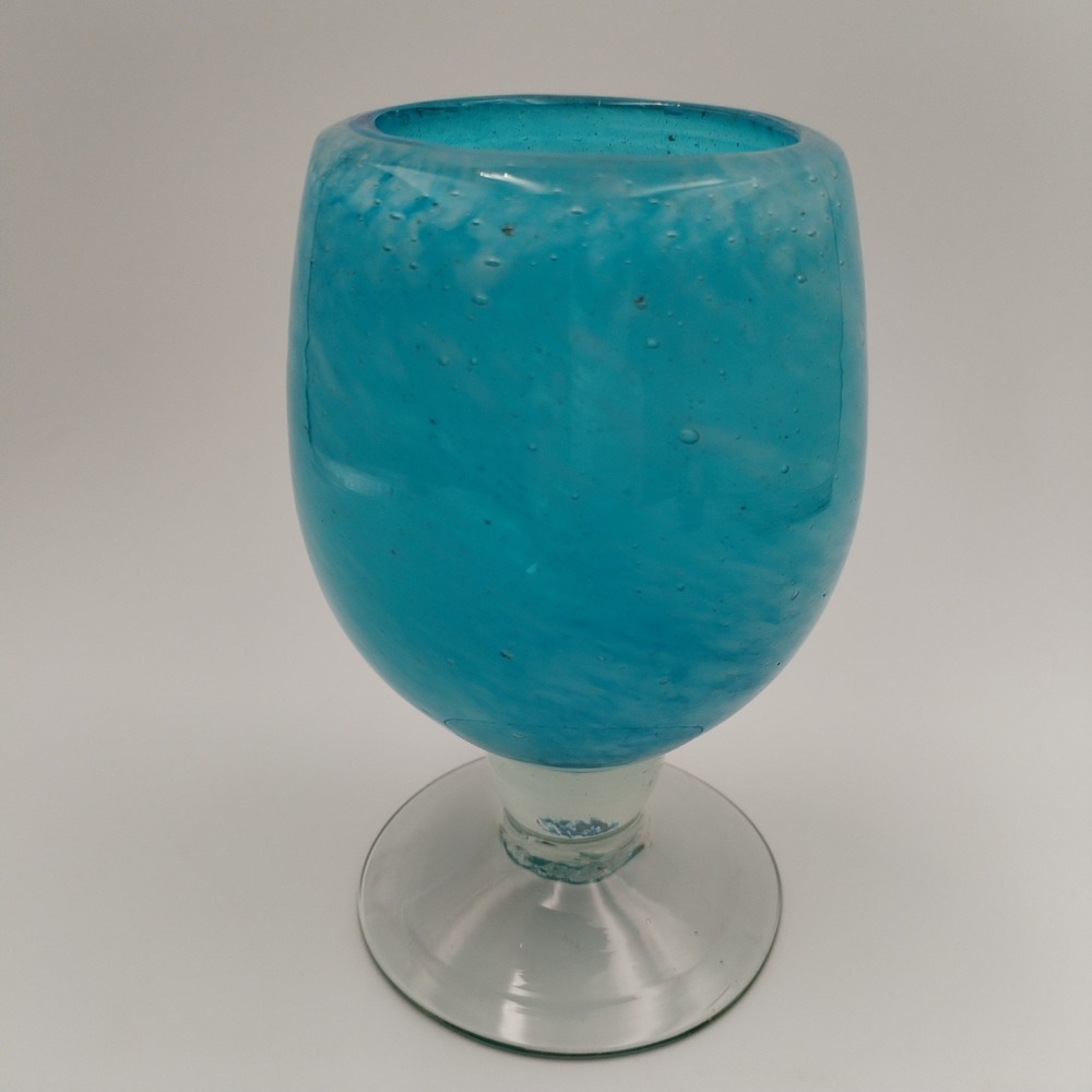 Vintage Hand Blown Mexican Art Glass Goblet‎ Turquoise Blue Bubble Swirl 6"